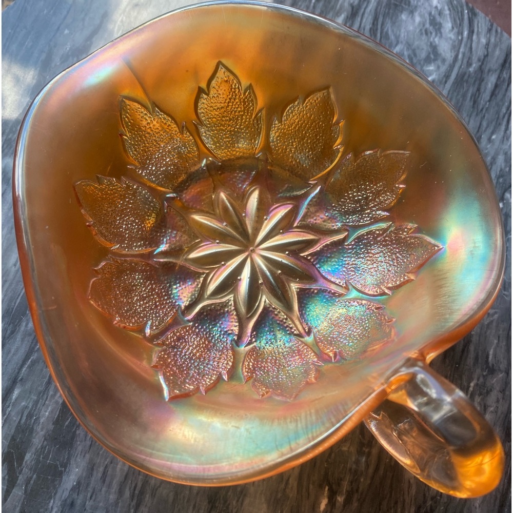 Dugan Marigold Carnival Glass Leaf Rays Nappy Dish